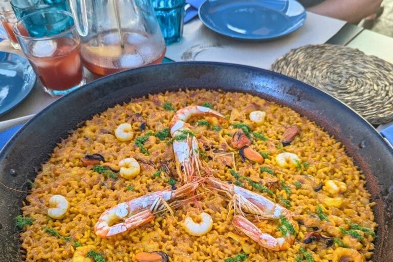 Seafood paella served in a traditional restaurant in Valencia