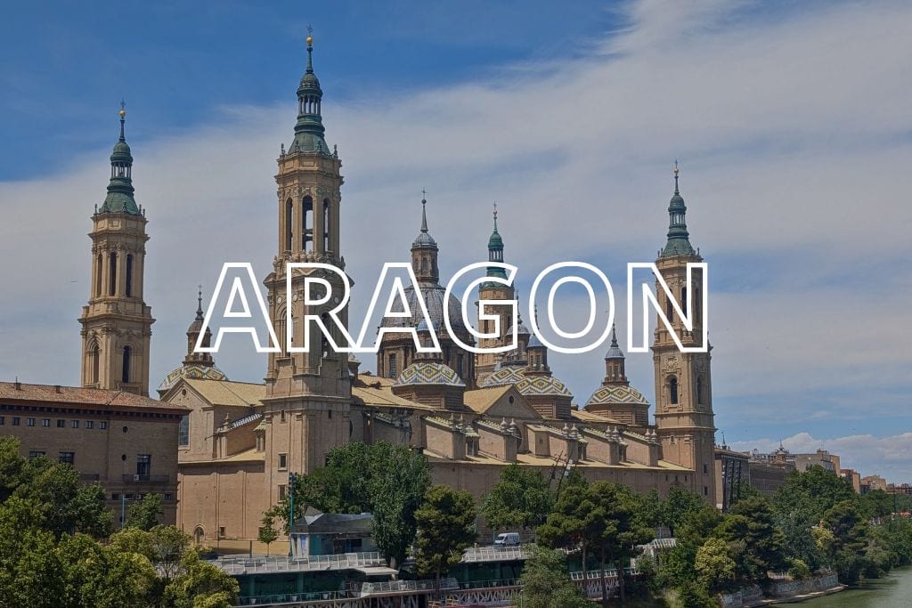 The Basilica del Pilar in Zaragoza with the word Aragon overlaid in white writing.