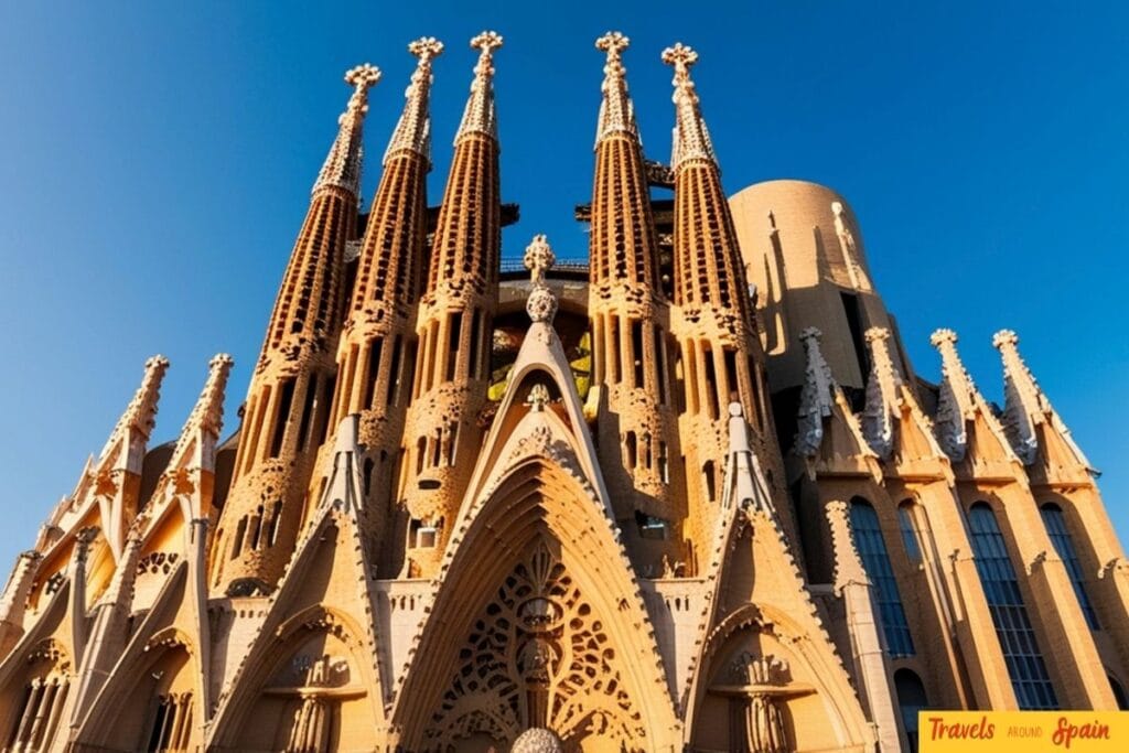 Sagrada Familia in Barcelona with blue sky during summer in Spain