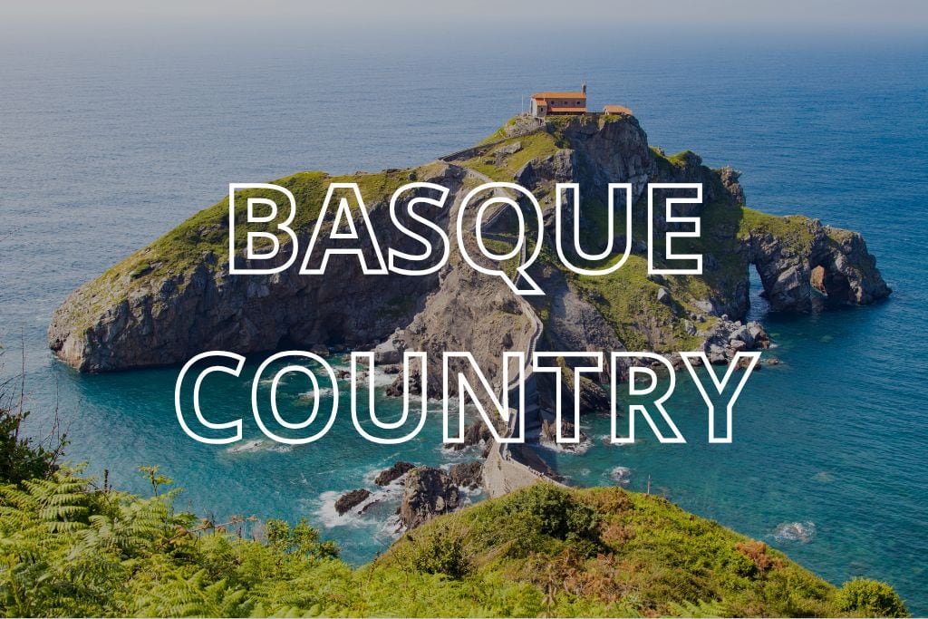 San Juan de Gaztelugatxe in the Basque Country with the words Basque Country overlaid in white writing.