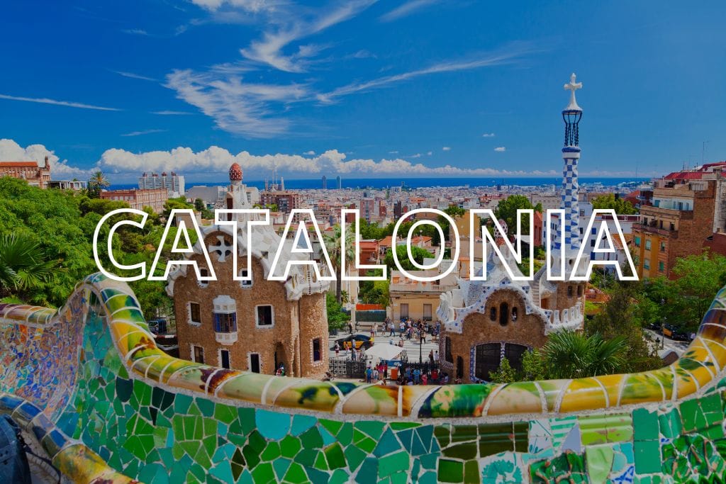 Parc Guell in Barcelona with the word Catalonia overlaid in white writing.