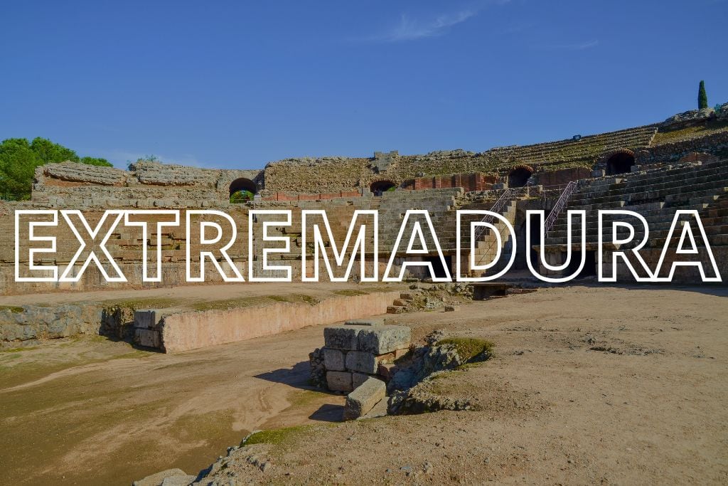 The Roman theatre in Mérida, with the word Extremadura overlaid in white lettering.