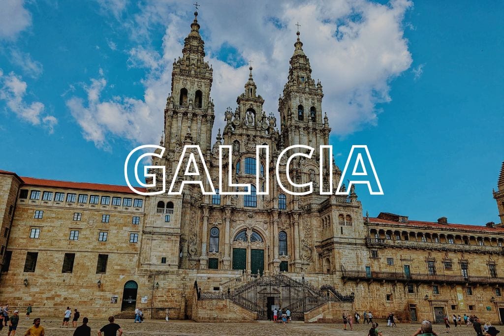 The cathedral in Santiago de Compostela, with the word Galicia overlaid in white lettering.