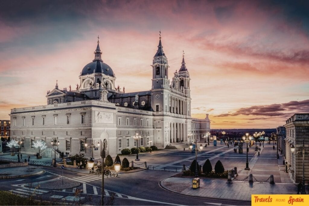 Royal Palace in Madrid at sunset in June.