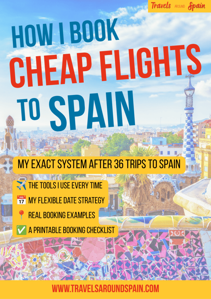A photo of a cover page to a guide entitled How I Book Cheap Flights to Spain over a background of Park Guell in Barcelona