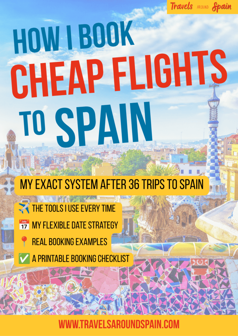 A photo of a cover page to a guide entitled How I Book Cheap Flights to Spain over a background of Park Guell in Barcelona