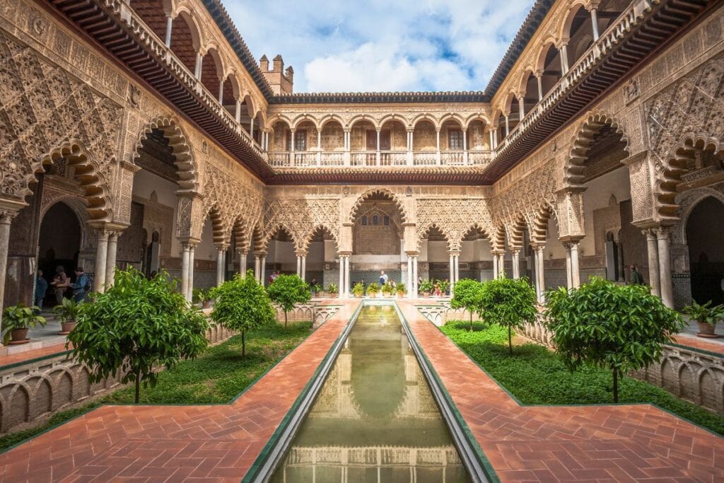 Courtyard of the Royal Alcázar of Seville, Spain, which became the Water Gardens of Dorne in Game of Thrones.