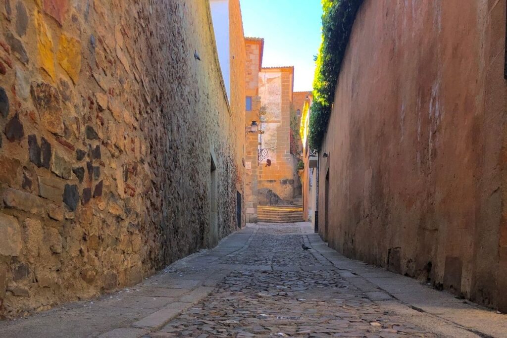 Medieval street in Cáceres Old Town, Spain, which served as King's Landing in Game of Thrones.