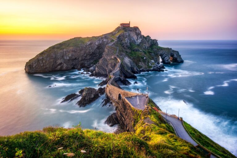 Gaztelugatxe island connected by a winding stone staircase in the Basque Country, Spain, used as Dragonstone in Game of Thrones.