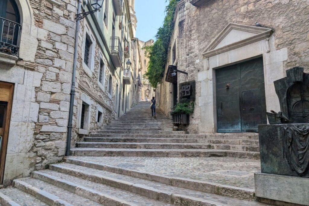 Stone steps and medieval buildings in Girona, Spain, used as Braavos in Game of Thrones.