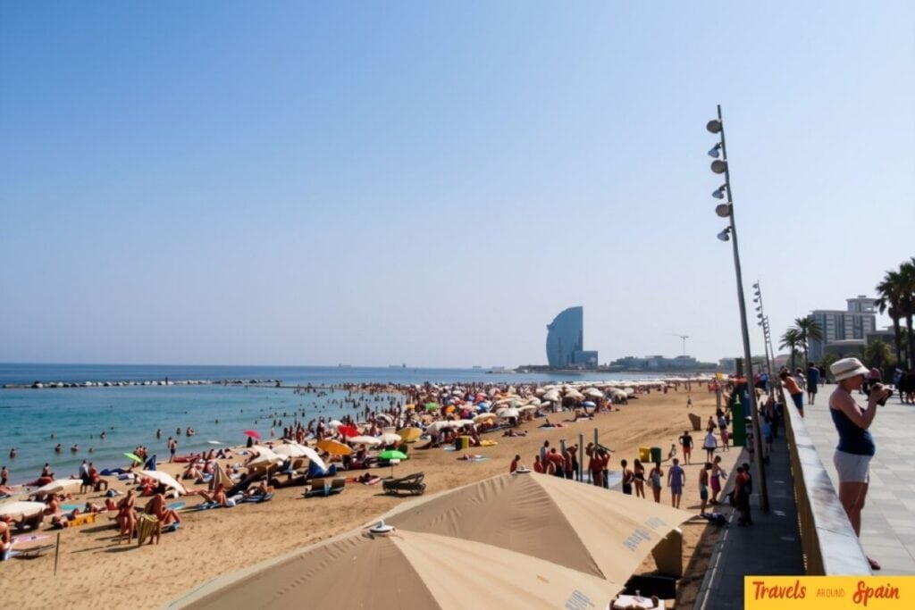 Barceloneta Beach on a sunny day in Barcelona