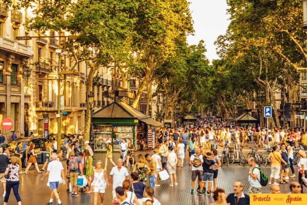 Crowds walking along La Rambla in Barcelona