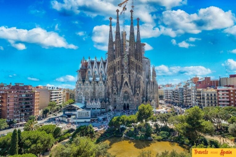La Sagrada Família viewed from the gardens in Barcelona
