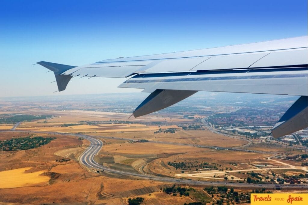 View from an airplane window approaching Madrid, Spain.