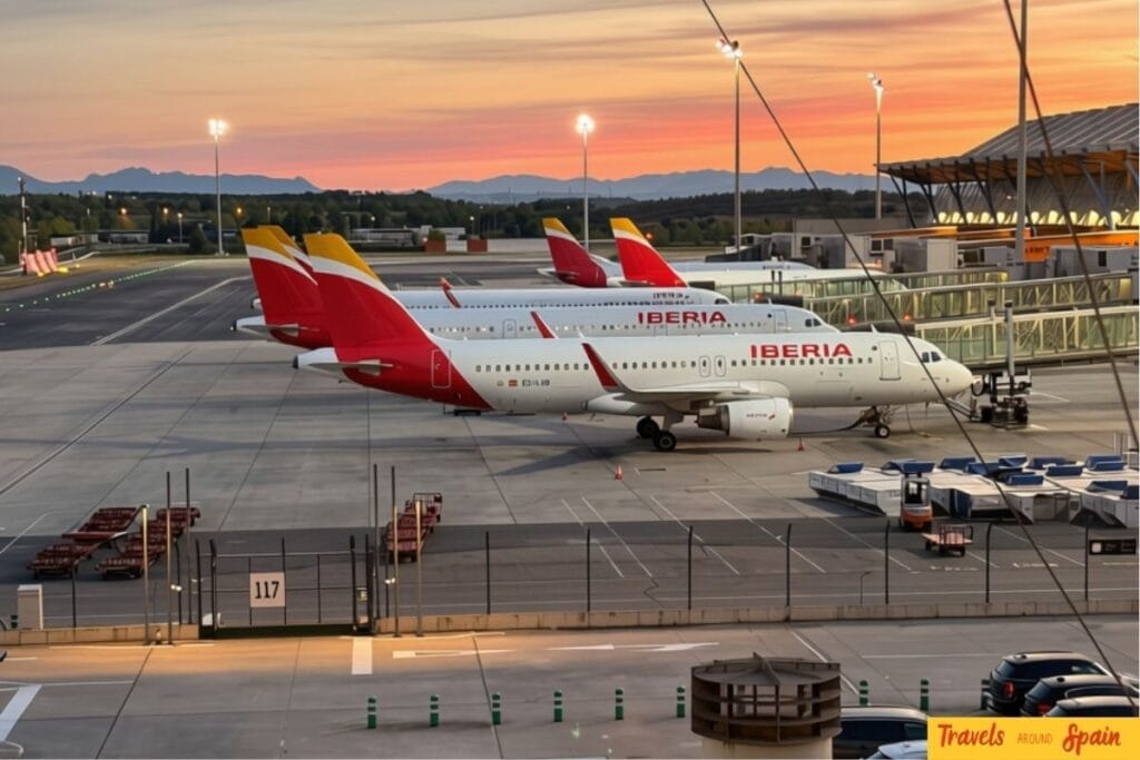 Iberia aircraft parked at Madrid-Barajas Airport at sunset.