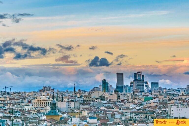 Madrid skyline at dusk with the city centre in the distance