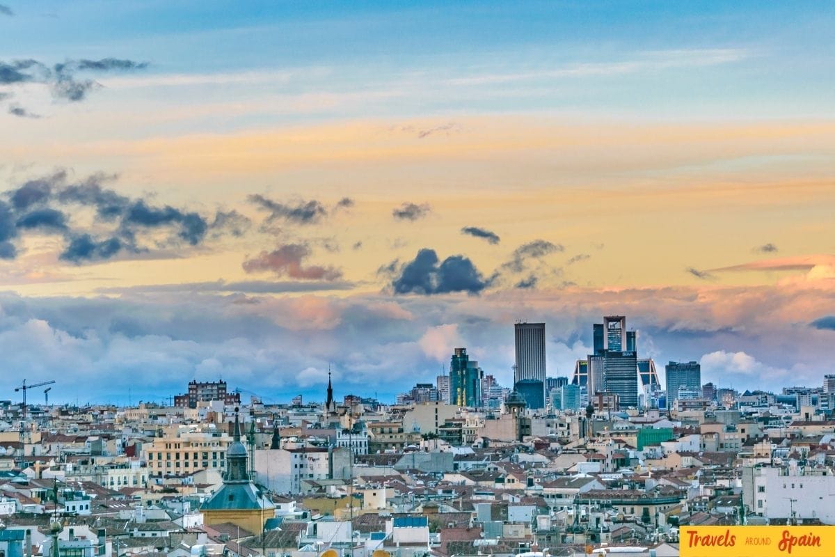 Madrid skyline at dusk with the city centre in the distance