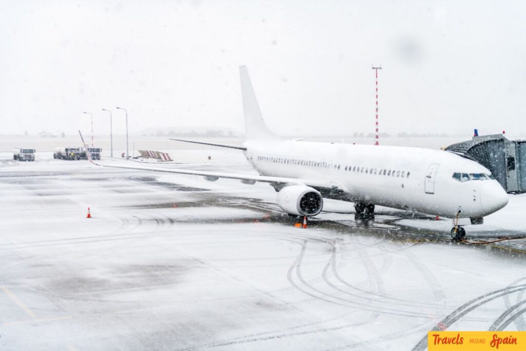 Passenger aircraft arriving in snowy winter weather.