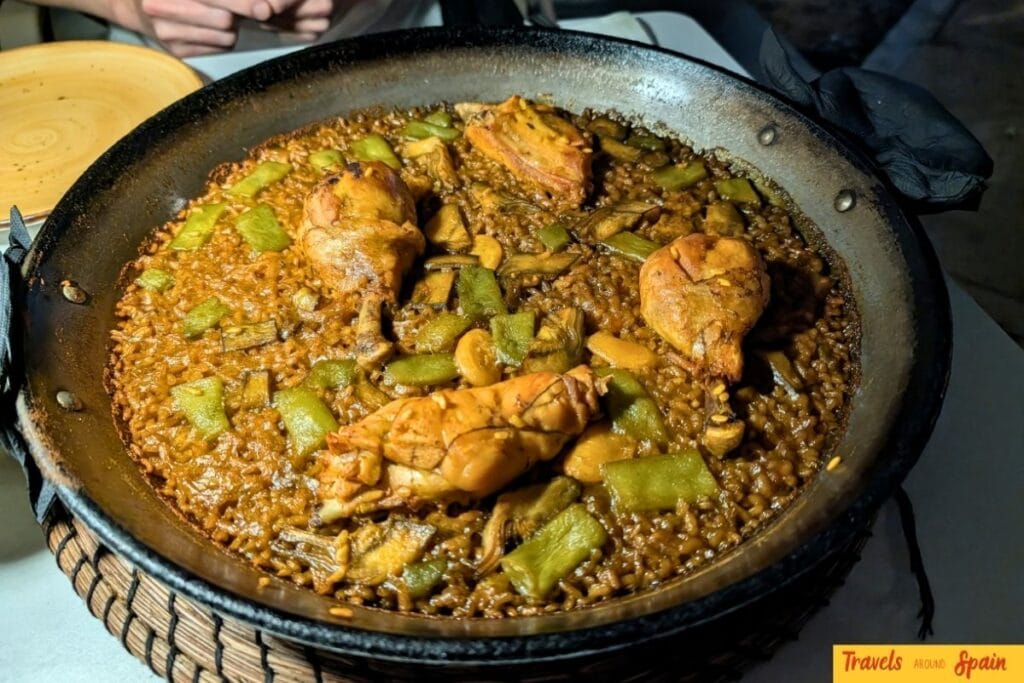 Traditional Valencian paella served at Masusa Paella Bar