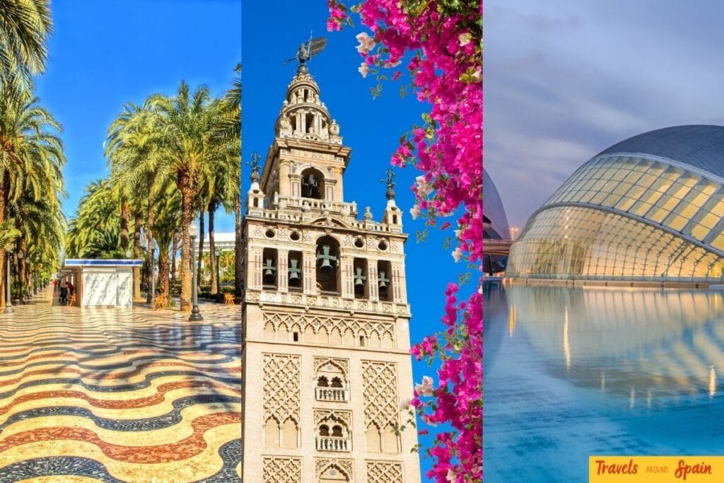 Collage of Alicante, Seville and Valencia in Spain