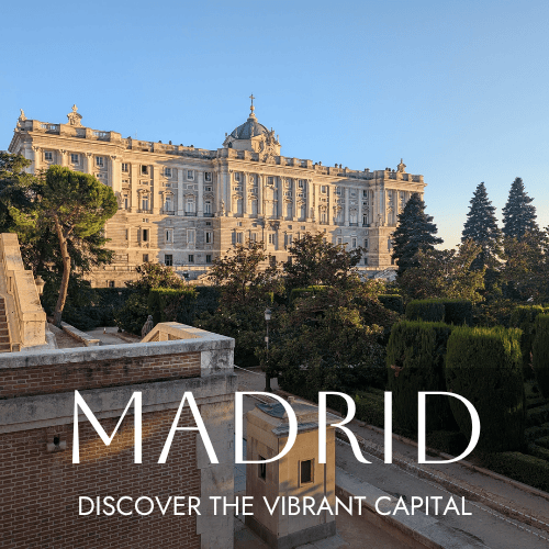 A photo of the Royal Palace in Madrid with overlay text saying Madrid in white.