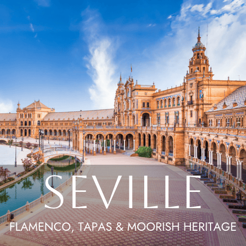 A photo of the Plaza de España with the text Seville overlay in white writing.